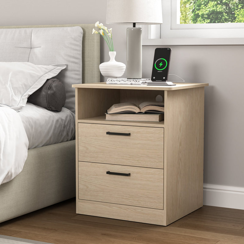 2 Drawers Nightstand With Charging Station, Beige