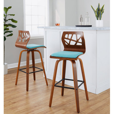 Tabouret de bar à hauteur fixe avec pivot en bois de noyer et tissu bleu sarcelle avec repose-pieds carré en métal noir - ensemble de 2