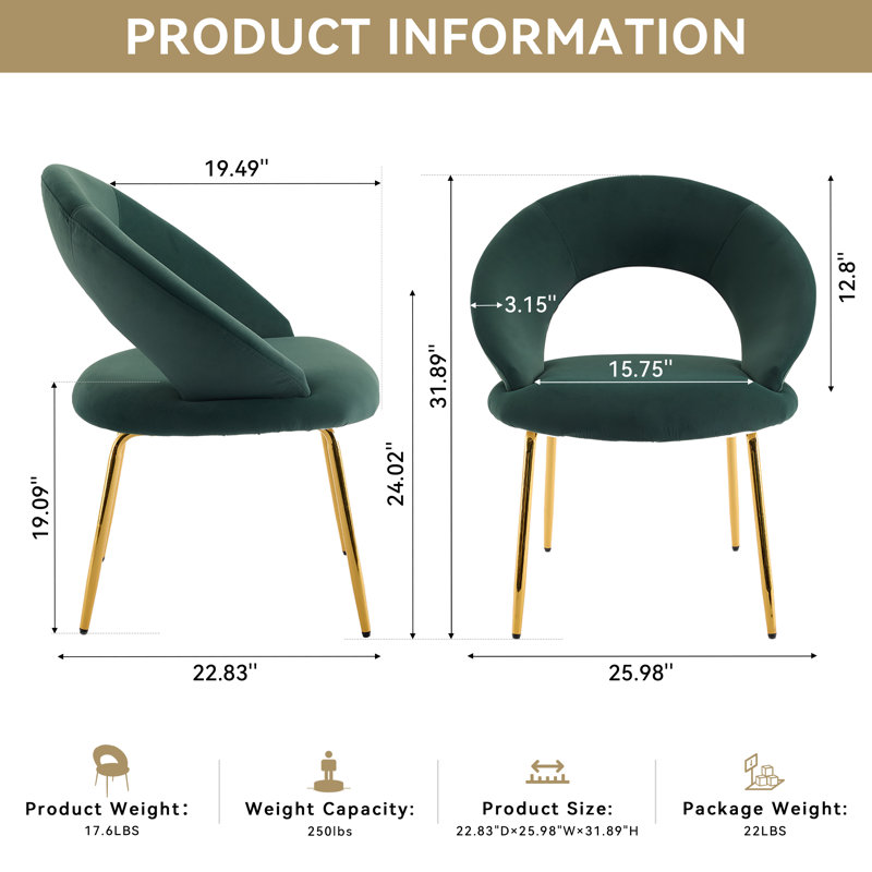 Meshea Dining Chair with Sleek Metal Legs, Green Velvet, 2