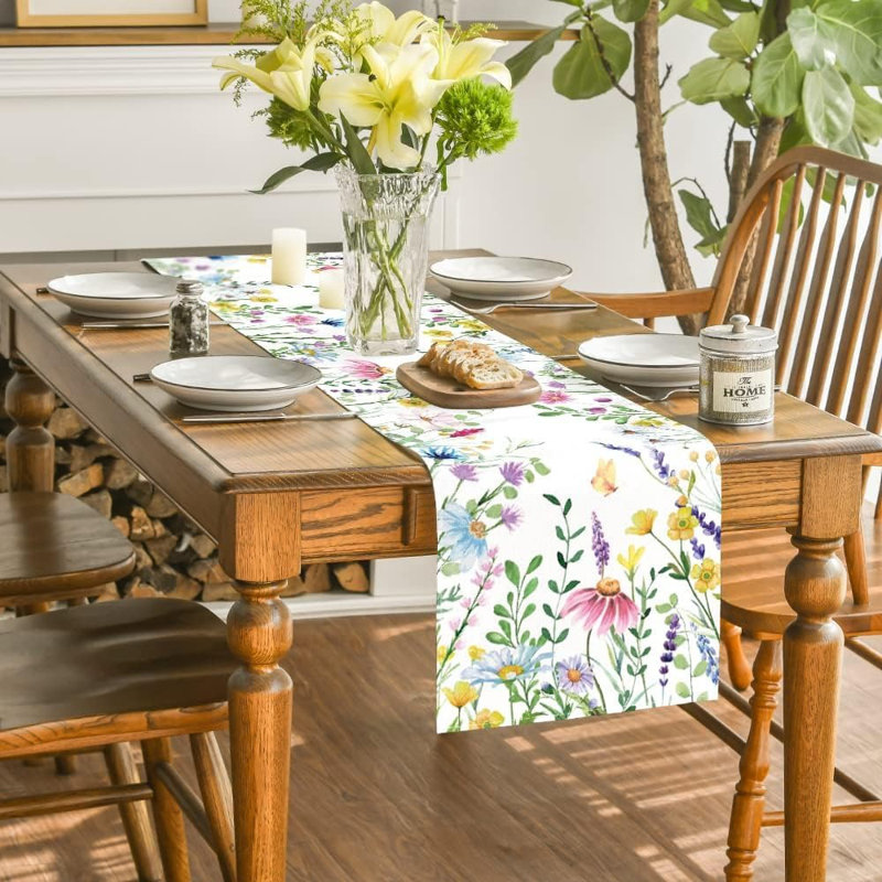 Daisy & Lavender Table Runner  - Summer/Spring, Floral & Eucalyptus Design, Kitchen & Dining Decor, 10" L x 8" W, Beige