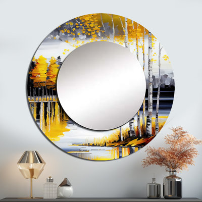 Grey And Yellow Birch Trees By The Lake I - Landscape & Nature Round Mirror Wall Decor_MTMIR57346