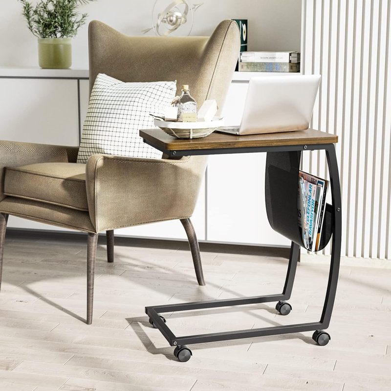 C Shaped End Table With Storage Pocket And Rolling Wheels For Laptop Coffee Snack, Light Walnut