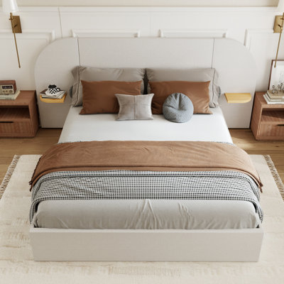 Upholstered Platform Bed Frame with 2 Floating Shelves
