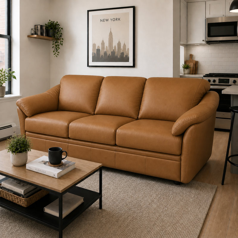 Ramdev Top Grain Leather Sofa with Cushioned Back and Pillow Top Arm, Green, 34" H x 80" W x 36" D