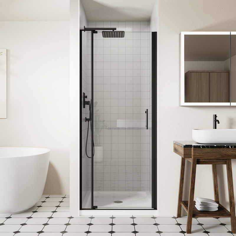 28-32" W x 72" H Frameless Pivot Shower Glass Door with 1/4" and 5/16" Tempered Glass, Swing Shower Doors with 105° Anti-Collision Stop, Matte Black Finish, Reversible Installation