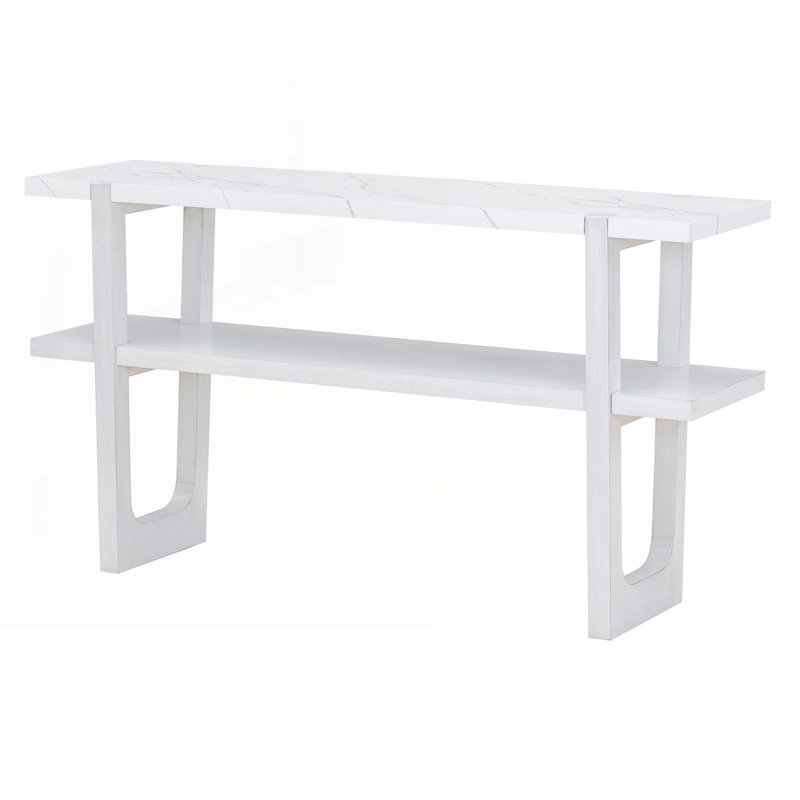 Wood Console Table with  Open Shelf,  Marble-Effect Top, Antique White