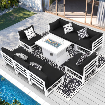 Ensemble de conversation de patio moderne en aluminium 9 pièces avec foyer au propane, ensemble modulaire d'extérieur robuste avec coussins d'une capacité de 500 lb