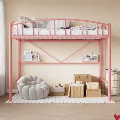 Loft Bed Twin Size with Ladder and High-Arched Guardrail, Sturdy Metal Slats, Space-Saving Design, Modern Decor Style, Easy Assembly