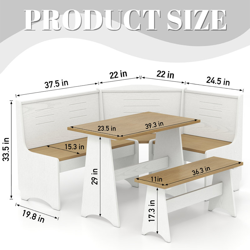 Breakfast Nook Kitchen Corner Dining Table Bench Chair Set with Storage, Space-Saving 3-4 Seat L-Shape for Farmhouse Family Home Wood