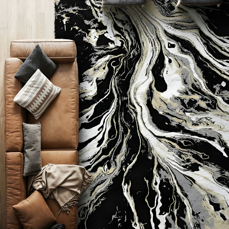 Galaxy Series Abrstract Black/Gray/Ivory/Beige Area Rug, Rectangle 5'3" x 7'3"