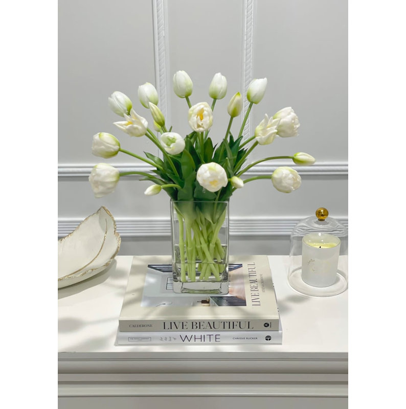 Premium Real Touch Peonies Tulip in Glass Vase Arrangement French Country Flowers Decor Style, White