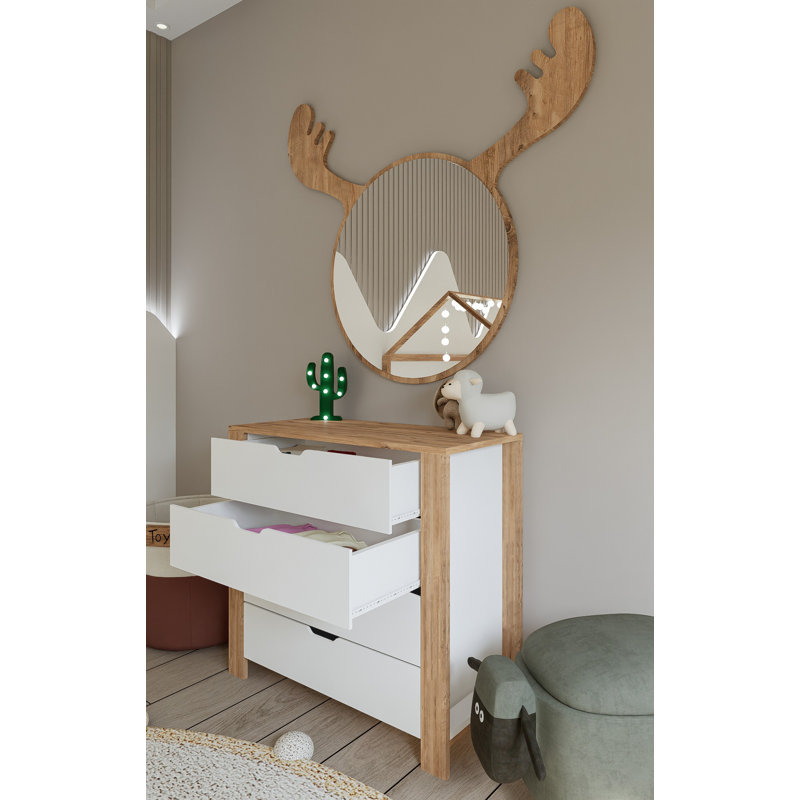 Modern Scandinavian Dresser with 4 Drawers, Light Walnut & White, 35.4 x 33.5 x 16.5 inches | 100% Melamine Coated Particle Board, Thickness: 0.7 inches | Stylish & Functional Storage Solution for Any Bedroom