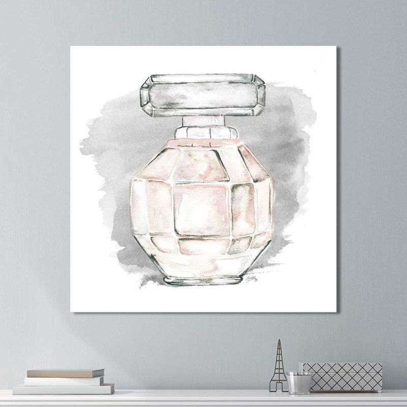 «Perfume Bottle with Watercolor II», reproduction de peinture à l'aquarelle, H 18 po x l 18 po x P 1 po, Toile tendue