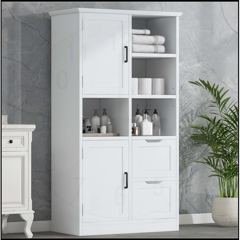 Armoire de salle de bain autoportante polyvalente avec plusieurs compartiments et tablettes réglables pour un rangement optimal