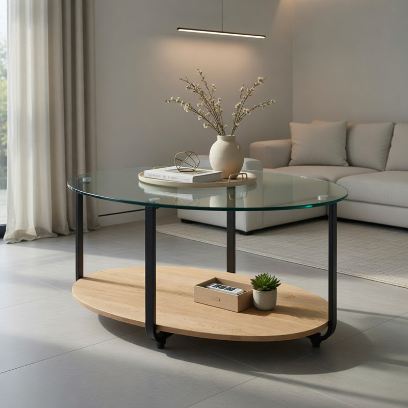 Table basse ovale à 2 niveaux Hommoo avec plateau en verre trempé et tablette en bois, table d'appoint de salon moderne, brun