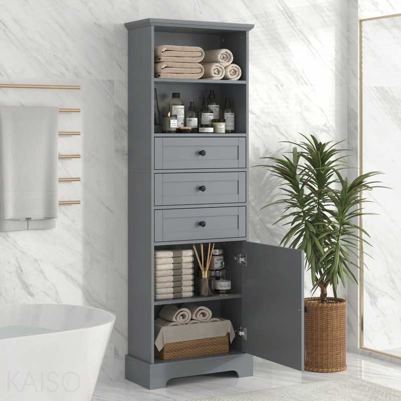 Tall Storage Cabinet With 3-Drawers And Adjustable Shelves For Bathroom, Study, Office And Interior, MDF Board With Painted Finish