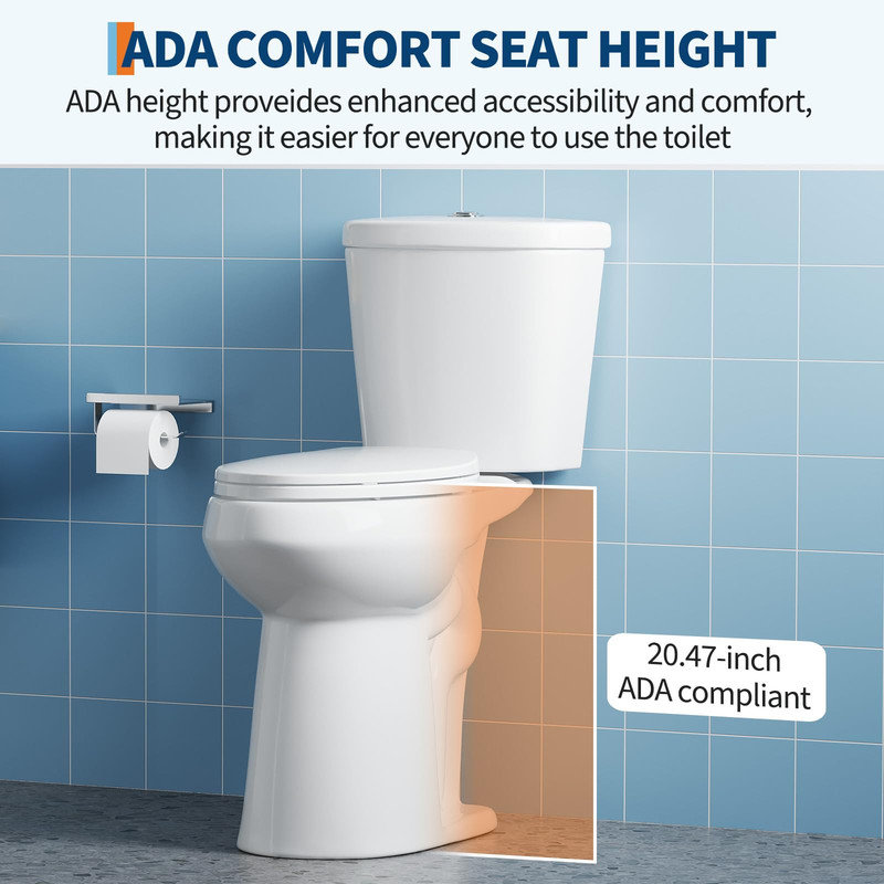 Two Piece Elongated Toilet 21" ADA Comfort Height, Dual Flush Top Mount Buttons, Soft-Close Seat & Hardware, White 12" Rough-in