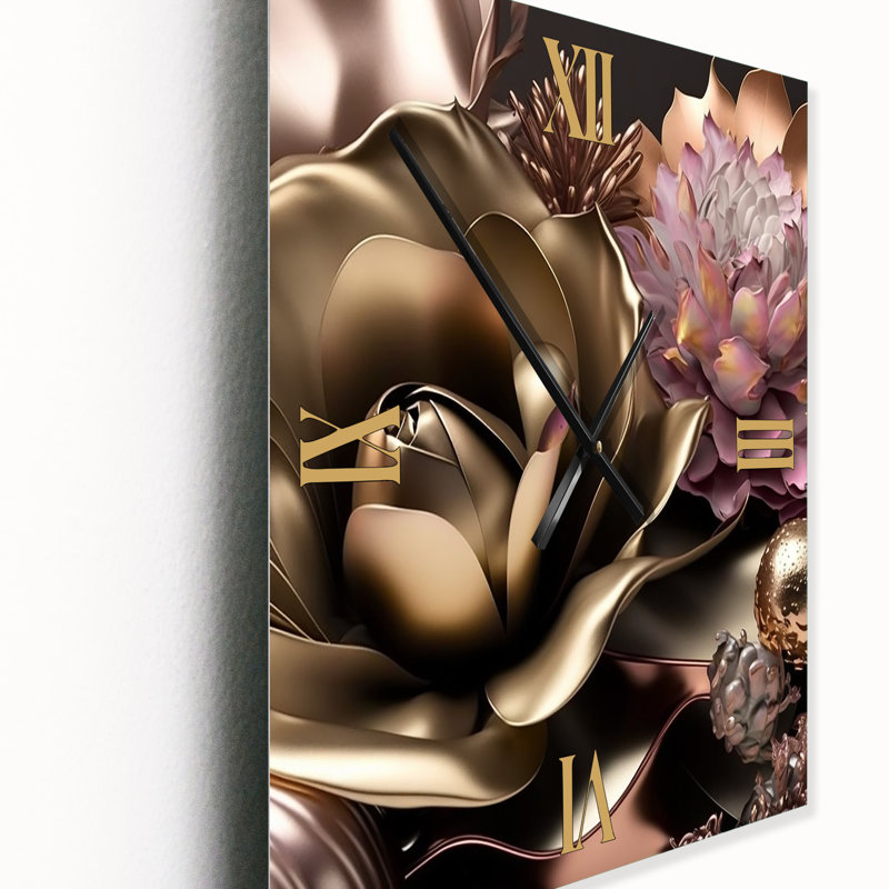 Horloge florale en métal rose et doré Glam Flowers IV, Petit