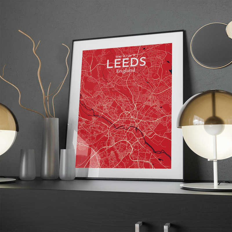 Carte de la ville de Leeds, impression, Rouge / bleu marine, H 24 po x l 18 po