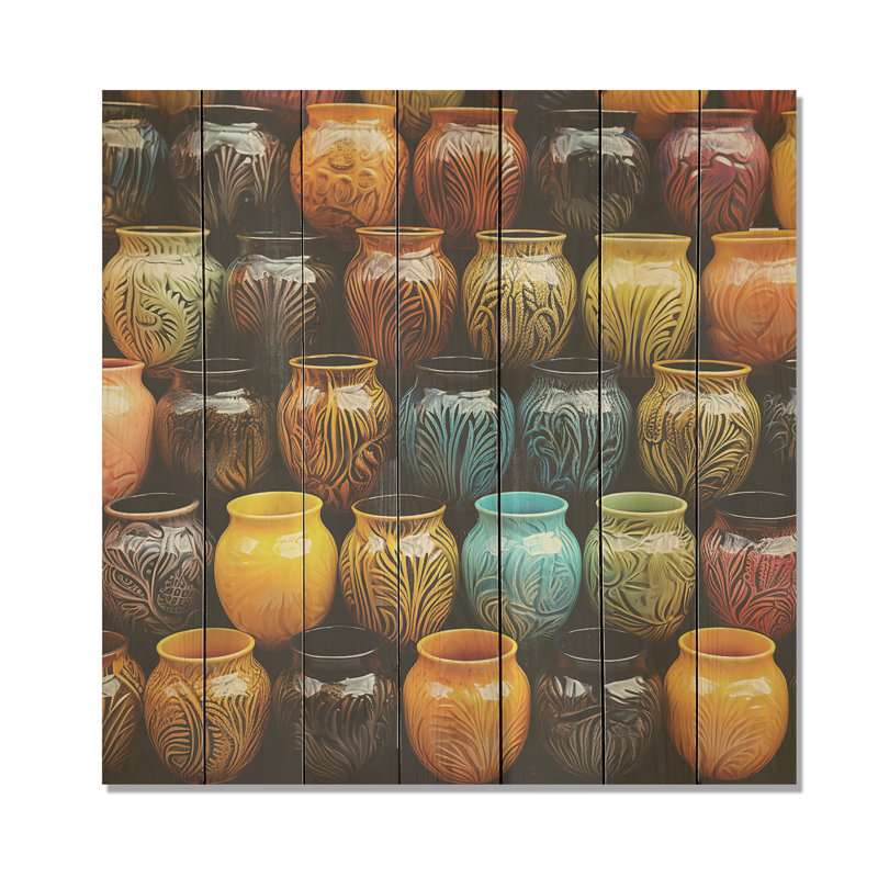 Décoration de poterie jaune boho - reproduction abstraite de natures mortes sur bois, H 15 po x l 15 po