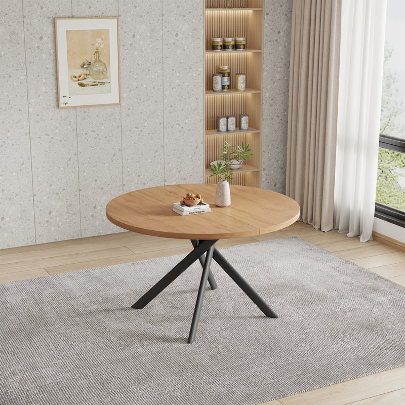 Riella Round with Steel and Stainless Steel Base Dining Table, Oak