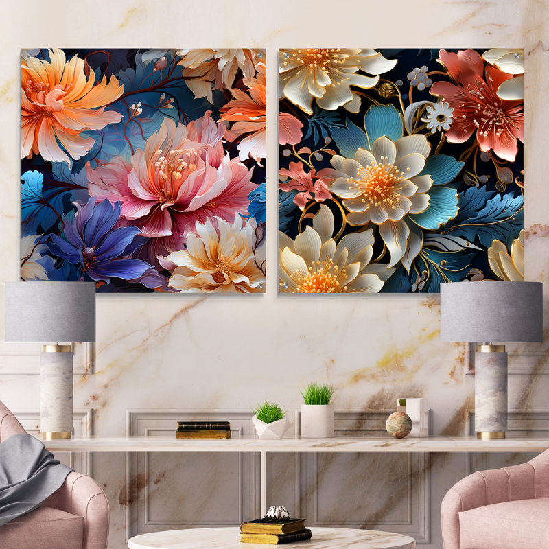 «Blue and Beige Metallic I», ensemble de 2 verres muraux en acrylique floral, H 36 po x l 73 po