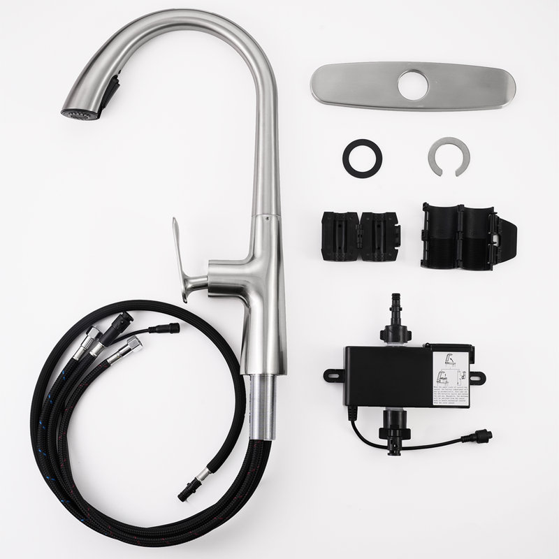 Single Handle Gooseneck 16.14 In. Pull Down Sprayer Kitchen Faucet W/ Button Control 360° Spout Swivel, 3-color Available