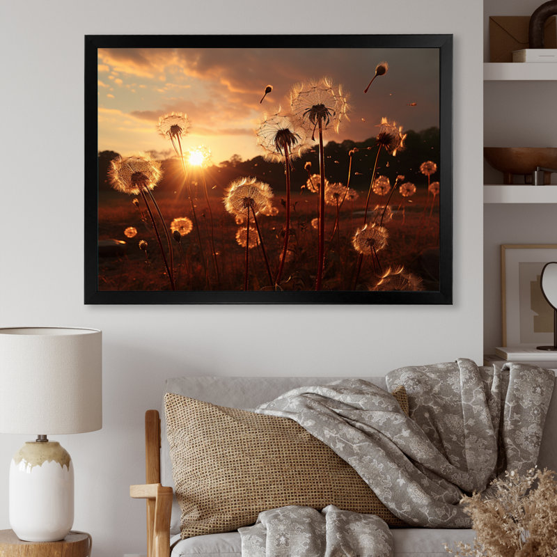 Coucher de soleil sur un champ de pissenlits I - impressions murales florales, H 30 po x l 40 po x P 1,5 po, Cadre photo noir