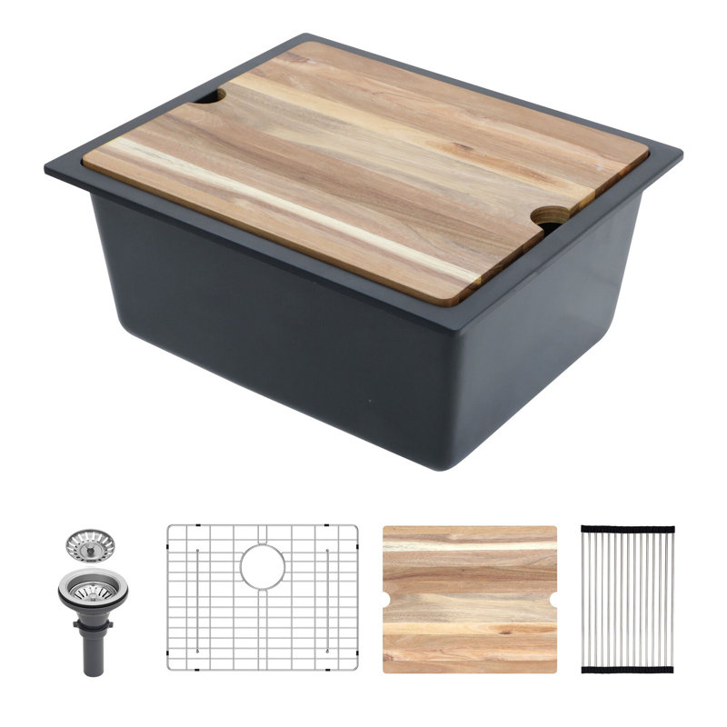 21" x 18" Undermount Single Bowl Quartz/Granite Composite Kitchen Sink with Workstation, Matte Black