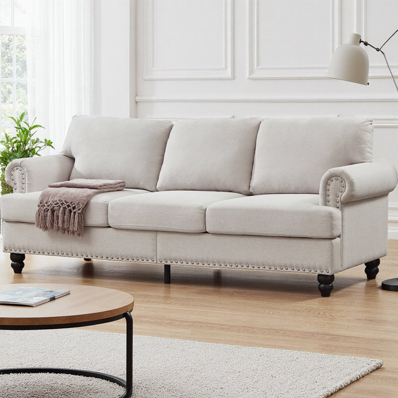 Canapé 83 places moderne en tissu de polyester 83 po avec garniture cloutée argentée, siège à ressorts, housses amovibles et rangement dissimulé, pieds en bois massif brun foncé