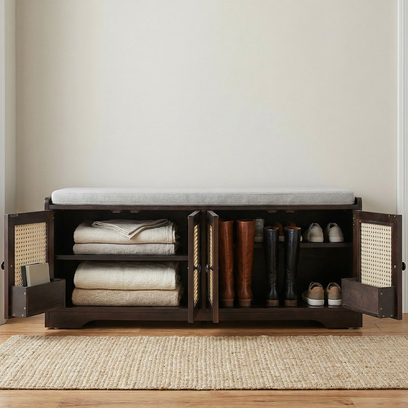 Rattan Shoe Bench with Removable Cushion & Adjustable Shelves, Espresso