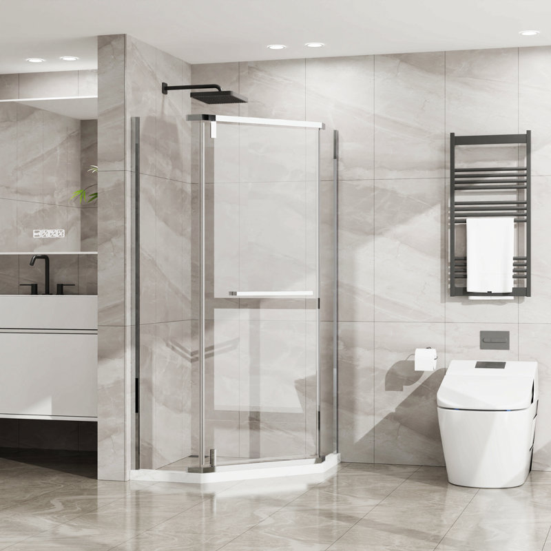 Neo-Angle Frameless Shower Door 36 In. D X 36 In. W X 72 In. H Corner Shower Enclosure With Clear Sgcc Tempered Glass Pivot Shower Door In Chrome Finish