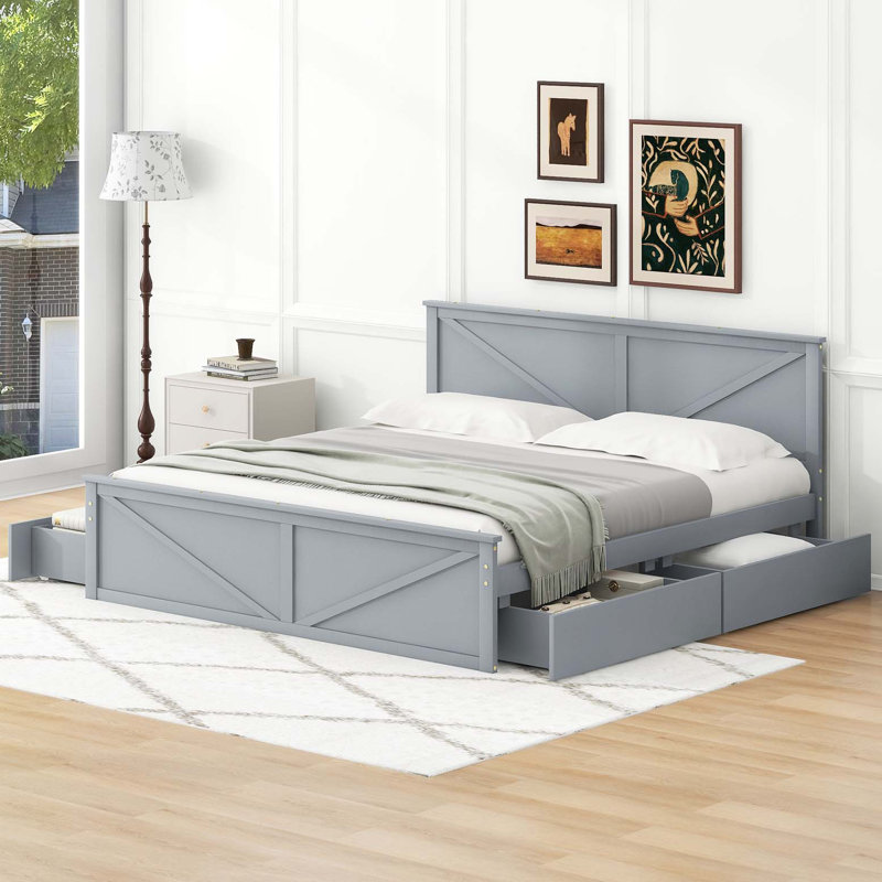 Lit plateforme très grand en bois avec quatre tiroirs de rangement et pieds de support, gris