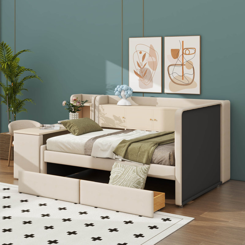 Lit de jour simple rembourré en tissu avec tiroirs, étagères, armoires rabattables et table d'appoint attenante, Beige