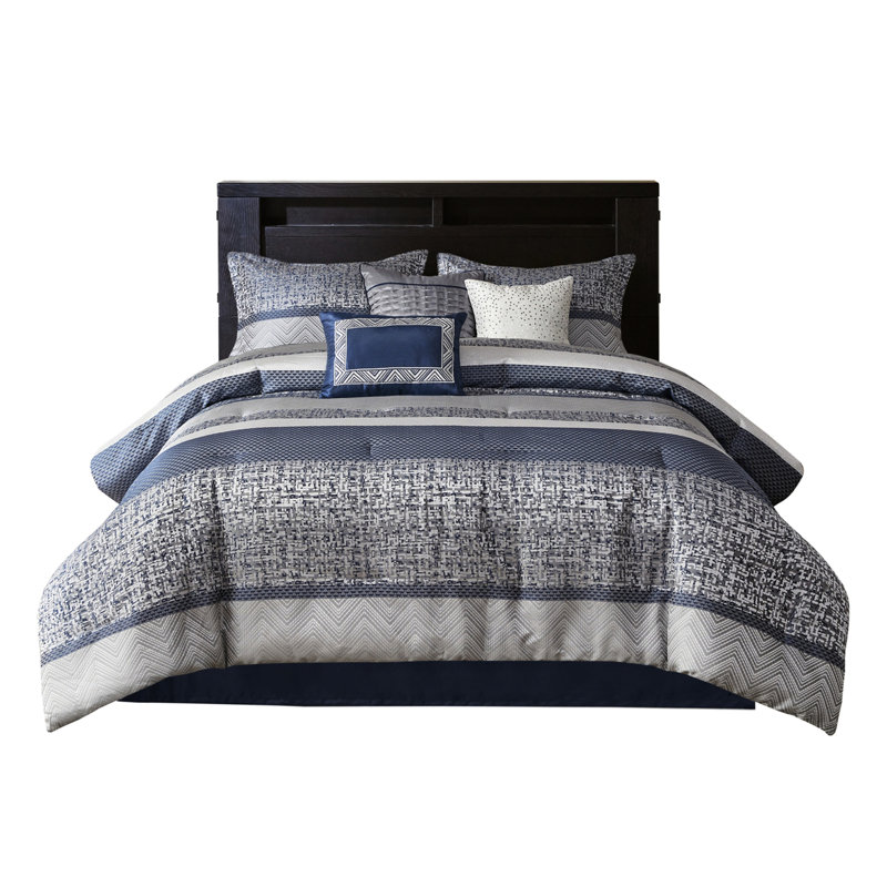 Édredon bleu marine - 7 pièces avec tissu, broderie et détails plissés, Édredon de très grande taille et 6 pièces suppl