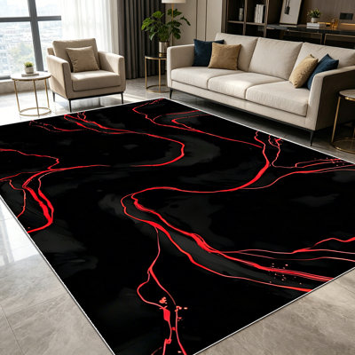 1PC Black and Red Neon Swirl Marble Abstract area rugs for Living Room, Soft and Comfortable, Suitable for all seasons, easy-to-maintain, machine washable Indoor floor mat, Under Table Farmhouse suitable for dining room, bedroom, entryway, home