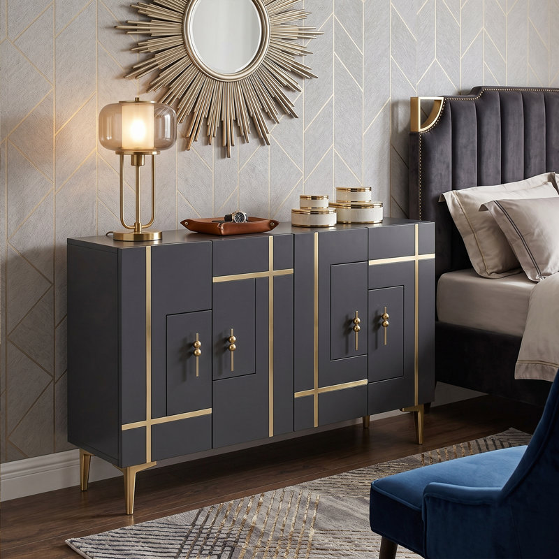 Buffet moderne avec détails géométriques dorés / argentés, Or / anthracite