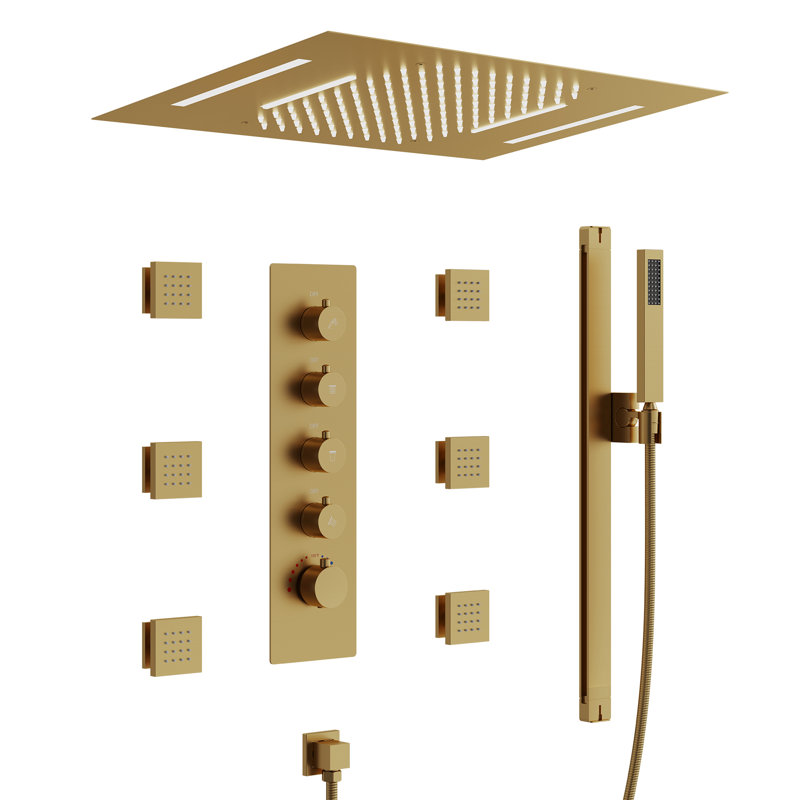 Système de douche thermostatique à haute pression, pomme de douche à pluie à 2 fonctions DEL avec douchette au plafond, jets pour le corps