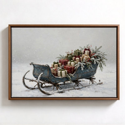 Sleigh of Greenery and Gifts, Black Framed Canvas Wall Art, 16" x 24", Modern Wall Decor for Living Room and Bedroom