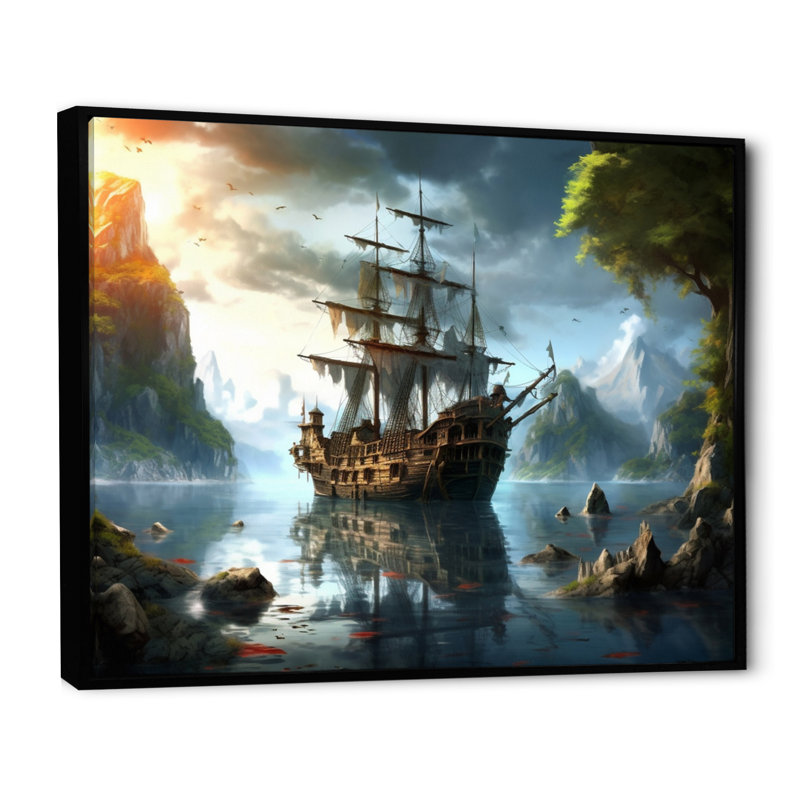 Bateau pirate en mer - art mural pirate, Cadre flottant noir, H 24 po x l 32 po x P 1 po