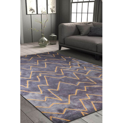 Anthracite Yellow Striped Woven Base Decorative Carpet