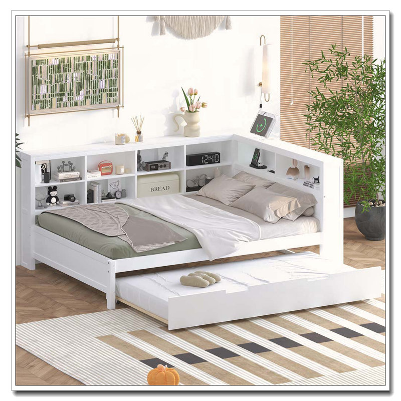 Wooden Full Size DayBed with Twin Trundle, Storage Shelf & USB Charging Ports