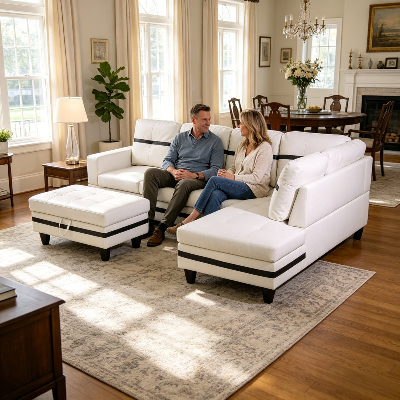 Rilan 103.5'' Faux Leather Sofa & Chaise, White Faux Leather, Left Hand Facing