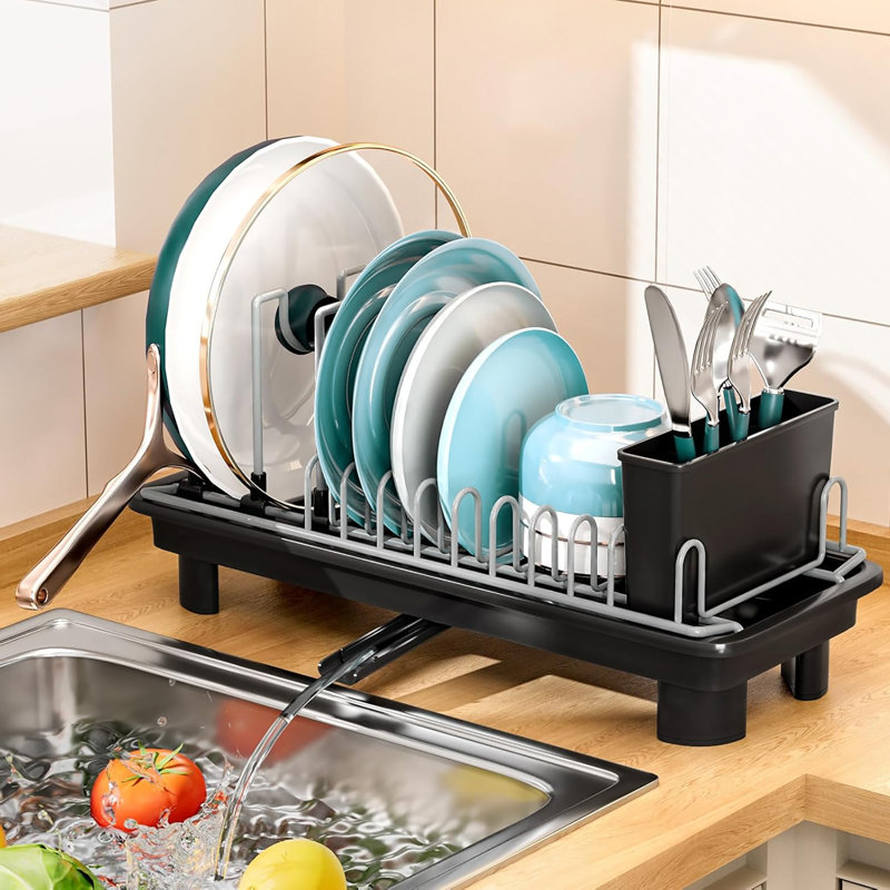 Séchoir à vaisselle compact et compact pour comptoir de cuisine avec porte-couverts amovible, Noir