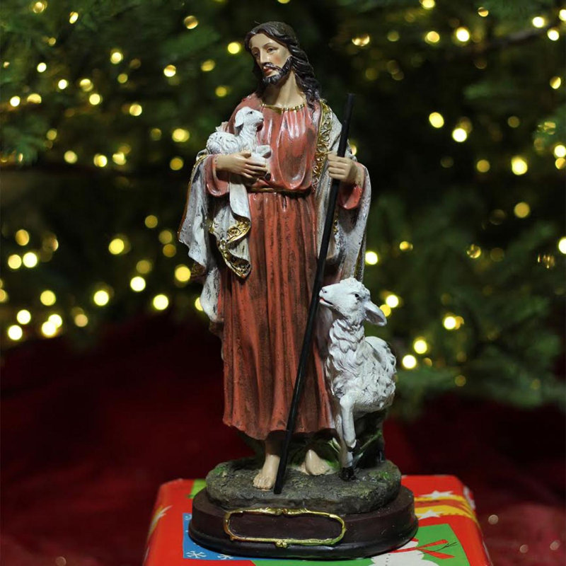 Figurine de Noël 12 po blanche et rouge Jesus the Good Shepherd