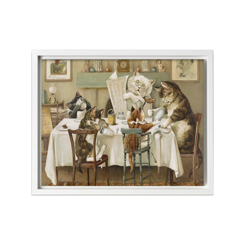 Chats à l'heure du repas, Canvas, White Framed, 11"H x 14"W