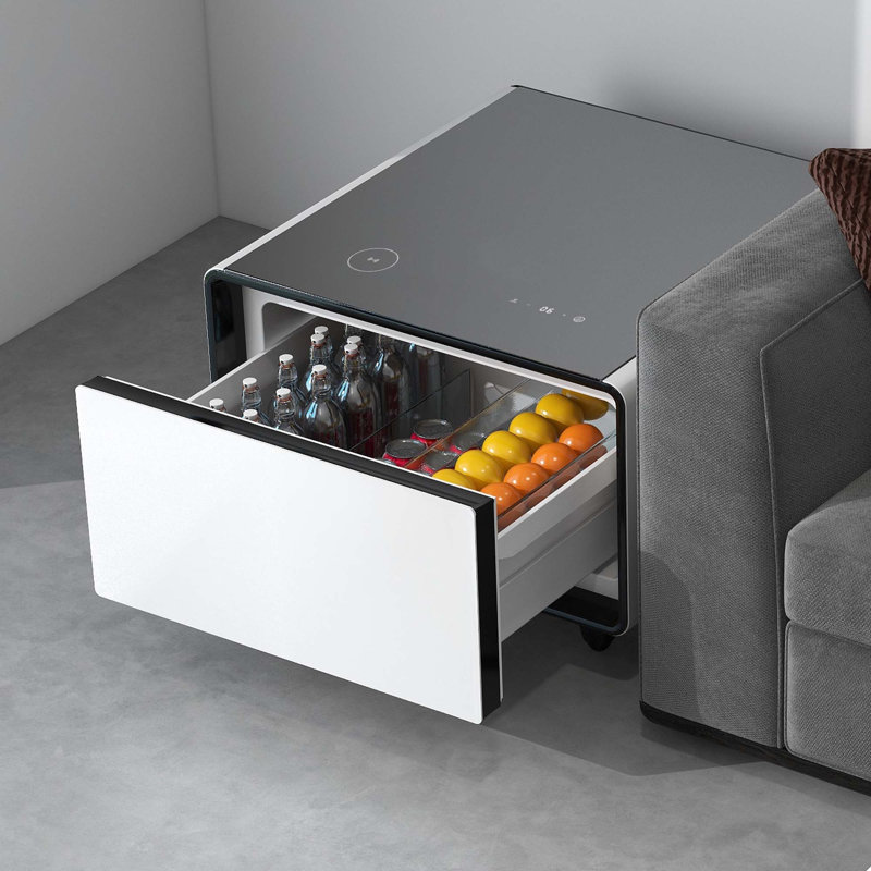 Table d'appoint moderne et moderne avec réfrigérateur intégré, charge sans fil, contrôle de la température, prise de courant, ports USB, protection pour prise de courant, lumière à induction, blanc