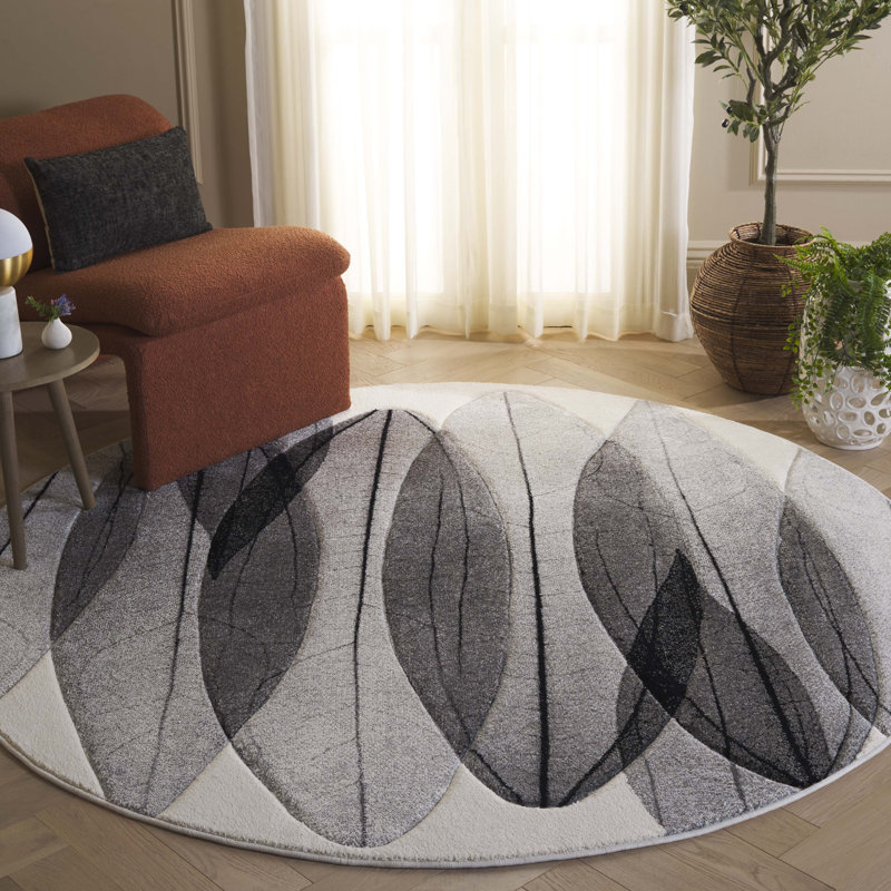Jeromie Performance Floral Rug, Round 6'7", Black/Ivory