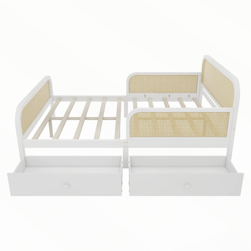 Cadre de lit plateforme avec 2 tiroirs de rangement et tête de lit en rotin, Double, White