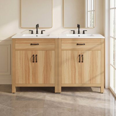 Meuble-lavabo simple Norbury 60 po en chêne chaud avec comptoir en céramique blanche, portes de style Shaker et rangement à fermeture amortie